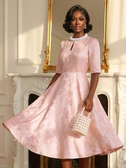 Vintamour Vintage Classic Elegant Women's Fitted Jacquard Dress, Spring/Summer Party Gathering Wedding Birthday Graduation Dress, Pink Umbrella Hem 3/4 Sleeve Pearl Dress