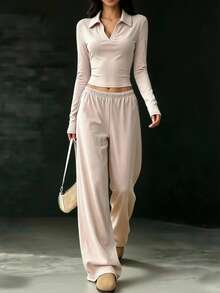 INAWLY Solva Setelan 2 Potong Atasan Lengan Panjang dan Celana Longgar Warna Polos Serbaguna untuk Wanita, Cocok untuk Bersantai, Bepergian, dan Musim Gugur, Warna Pink. - Khaki - View 1