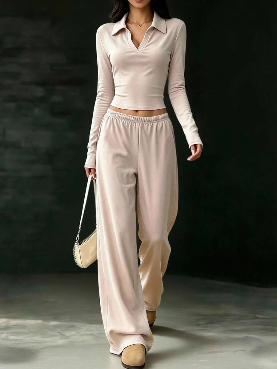 INAWLY Solva Setelan 2 Potong Atasan Lengan Panjang dan Celana Longgar Warna Polos Serbaguna untuk Wanita, Cocok untuk Bersantai, Bepergian, dan Musim Gugur, Warna Pink. - Khaki - View 1