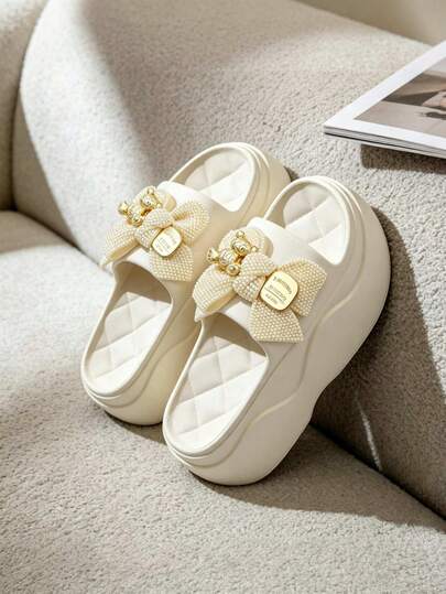 Zapatillas casa mujer sandalias plataforma EVA fáciles de poner, suaves transpirable desgastable con accesorios perla, lazo y osito, ideal diario compras playa piscina baño interior