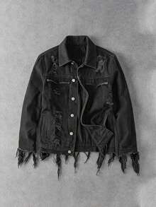 Manfinity EMRG Men's Single-Breasted Tassel Design Casual Daily Denim Jacket - Black - View 2