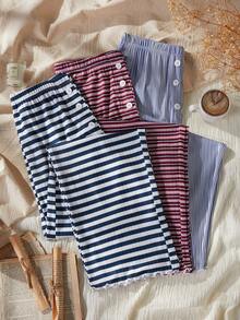 Dream Adore Pantalones largos casuales con estampado de rayas para mujer, combinación de 3 colores, pantalones de pijama con cintura elástica y hebilla decorativa - Multicolor - Ver 3