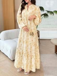 Al Najma 優雅端莊缺口領全印花刺繡布料燈籠袖長袖女款阿拉伯風連身裙 秋季 - 黃色 - 查看 5