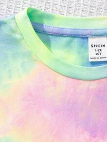 SHEIN Leap Crew 卡哇伊卡通蓝兔露露与史迪奇图案，清新扎染，少女休闲极简短袖短裤两件套，适合夏季、返校季、度假风、阳光之旅、休闲春装、夏日度假、家庭时光、可爱的Y2K椰子女孩波西米亚风春假、早午餐宝宝蓝女孩之旅、霓虹海滩风情、波西米亚嬉皮音乐节 - 彩色 - 查看 7