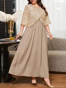 Reflora Plus Size Elegant Party Sequin Embroidered Patchwork Dress - Champagne - View 8