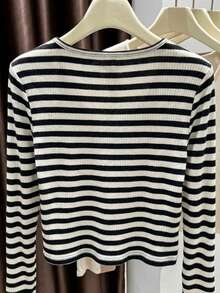 Franclia Black And White Striped Long Sleeve Cardigan Regular Fit Jacket T-Shirt For Women, Autumn And Spring Wear, Commute Outfit Office Casual - Black and White - View 8