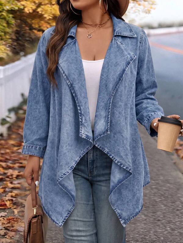 SHEIN EMERY ROSE CURVE ملابس علوية جينز فضفاضة للنساء بمقاسات كبيرة مع ياقة وياقة وأزرار أمامية