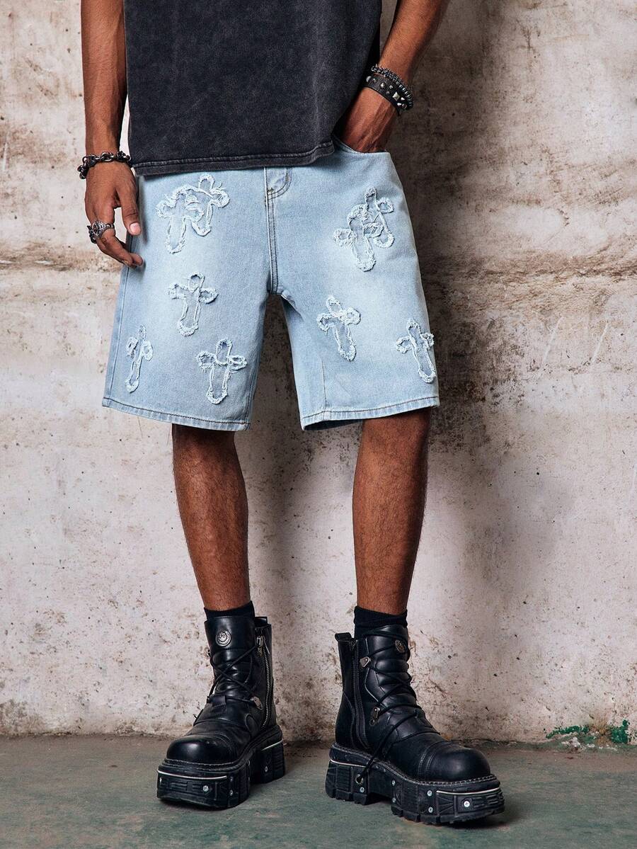 Skyrend Celana Pendek Denim Pria Manfinity Streetrush Washed Distressed Jorts Gaya Gothic Punk Streetwear untuk Emo Boy - Light Wash - View 1