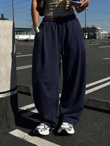 DAZY 女款素色寬鬆百褶長褲，休閒運動束口運動褲，春季 - 藏蓝色 - 查看 5