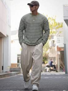 DAZY 男士條紋拼色休閒百搭日常長袖T恤 - 綠色 - 查看 3