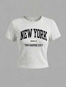青少年女孩休閒極簡風 NEW YORK 圖案淺灰色修身短袖短版上衣搭配寬鬆長褲，2件套度假夏季穿搭，適合春夏，舒適春夏風格 - 白色 - 查看 8