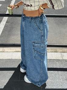 Jeanoix Plus Size Casual Washed Wide Leg Cargo Jeans - Blue - View 5