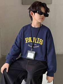 Dazy Kids Round Neck Loose Casual Letter Embroidery Long Sleeve Sweatshirt Top Autumn Boys (Large) - Navy Blue - View 4
