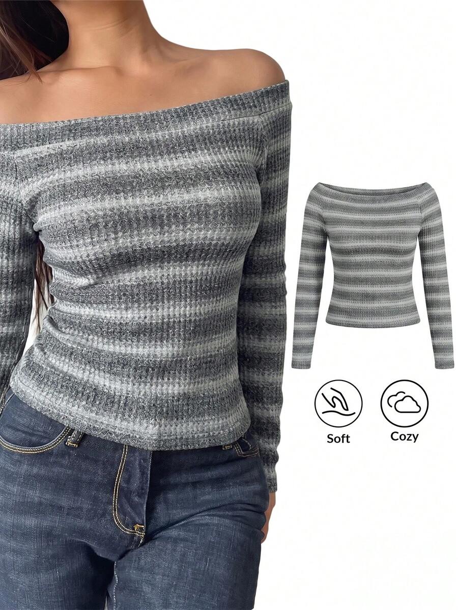 SHEIN BASICS 女款條紋露肩長袖休閒T恤 - 黑與白 - 查看 1