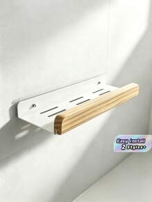 Drill-Free Wooden And Metal Floating Wall Shelf, Multi-Functional No-Drill Wall-Mounted Storage Rack, Ideal For Bathroom, Study, Kitchen, Laundry Room Decor And Organization - White - View 7
