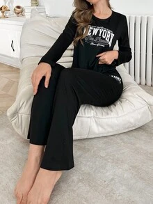 Lazeform 字母印花简约宽松长袖上衣和裤子女士睡衣套装，秋冬舒适优雅细节 - 黑色 - 查看 4