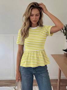Easowa Spring/Summer White And Yellow Striped Short Sleeve Round Neck Doll Style Women's T-Shirt Brunch Cute - Yellow - View 3