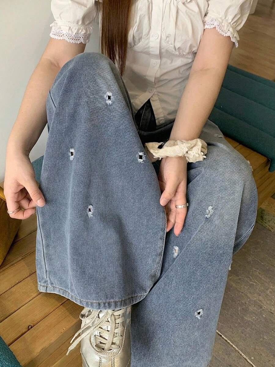 Dazy Plus 女款大尺碼寬鬆水洗磨損休閒復古風寬腿牛仔褲,四季皆宜 - 中等水洗藍 - 查看 1
