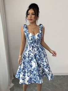 Fine & Folde Women Elegant Daily Refresh Blue Floral Bustier A-Line Cami Dress - Blue - View 7