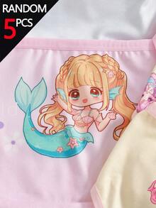 SHEIN 5pcs Random Blind Box Multi-Color Cute Cartoon Mermaid Princess Printed Comfortable Soft Fashion Triangle Panties - Multicolor - View 3