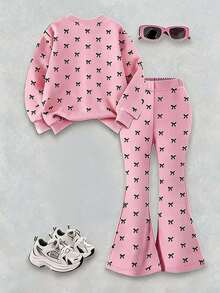 SHEIN Young Girl Bow Print Rhinestone Decor Round Neck Long Sleeve Sweatshirt And Flared Pants Set Nursery Birthday Cherry Autumn Baby - Multicolor - View 2