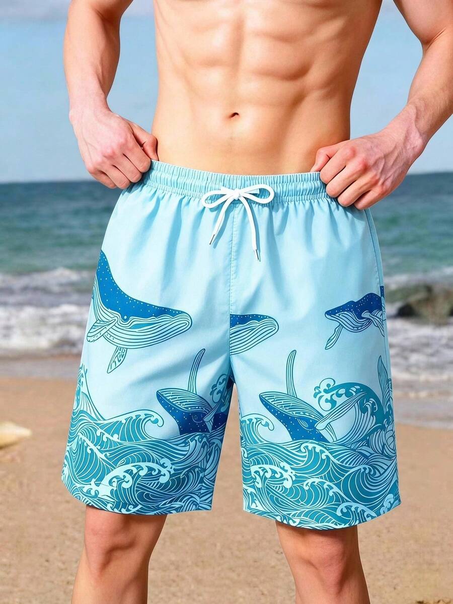 SHEIN Teen Boy Vacation Drawstring Waist Print Casual Beach Shorts - Blue - View 1