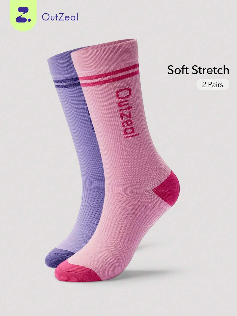 OutZeal 2 pares de calcetines de compresión de tubo medio para ciclismo y running - Rosa roja + morado oscuro - Ver 1