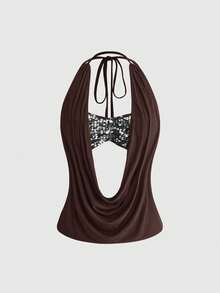 ROMWE Atasan Tank Top Wanita Seksi Gaya Y2K dengan Leher Berlipat Dalam, Model Retro, dan Payet, Terdiri dari 2 Potongan, Tanpa Punggung, dan Model Halter (Termasuk Lapisan Dalam Berpayet) - Coklat - View 1