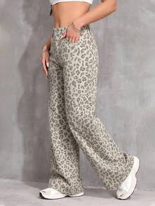 SHEIN Teen Girl Leopard Print Straight Leg Jeans - Multicolor - View 5