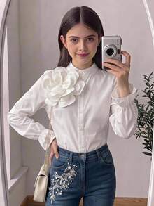 SHEIN 青少年女孩優雅校園簡約風 3D 花朵泡泡袖時尚襯衫 秋冬款 - 白色 - 查看 6