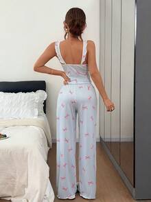 Napfluff Striped Bow Ruffle Trim Women's Pajama Set - Blue - View 2