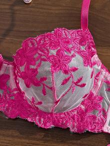 SHEIN 粉色浪漫女款鋼圈內衣與內褲套裝，2件組 - 玫紅色 - 查看 6