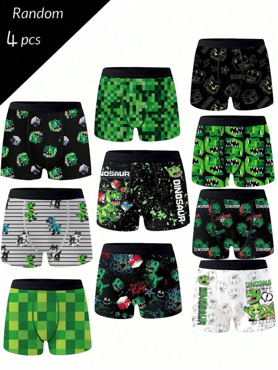 Random 4 Packs Boys Briefs, Mixed Pixel Dinosaur &Monster Prints, Skin-Friendly, Breathable - Multicolor - View 1