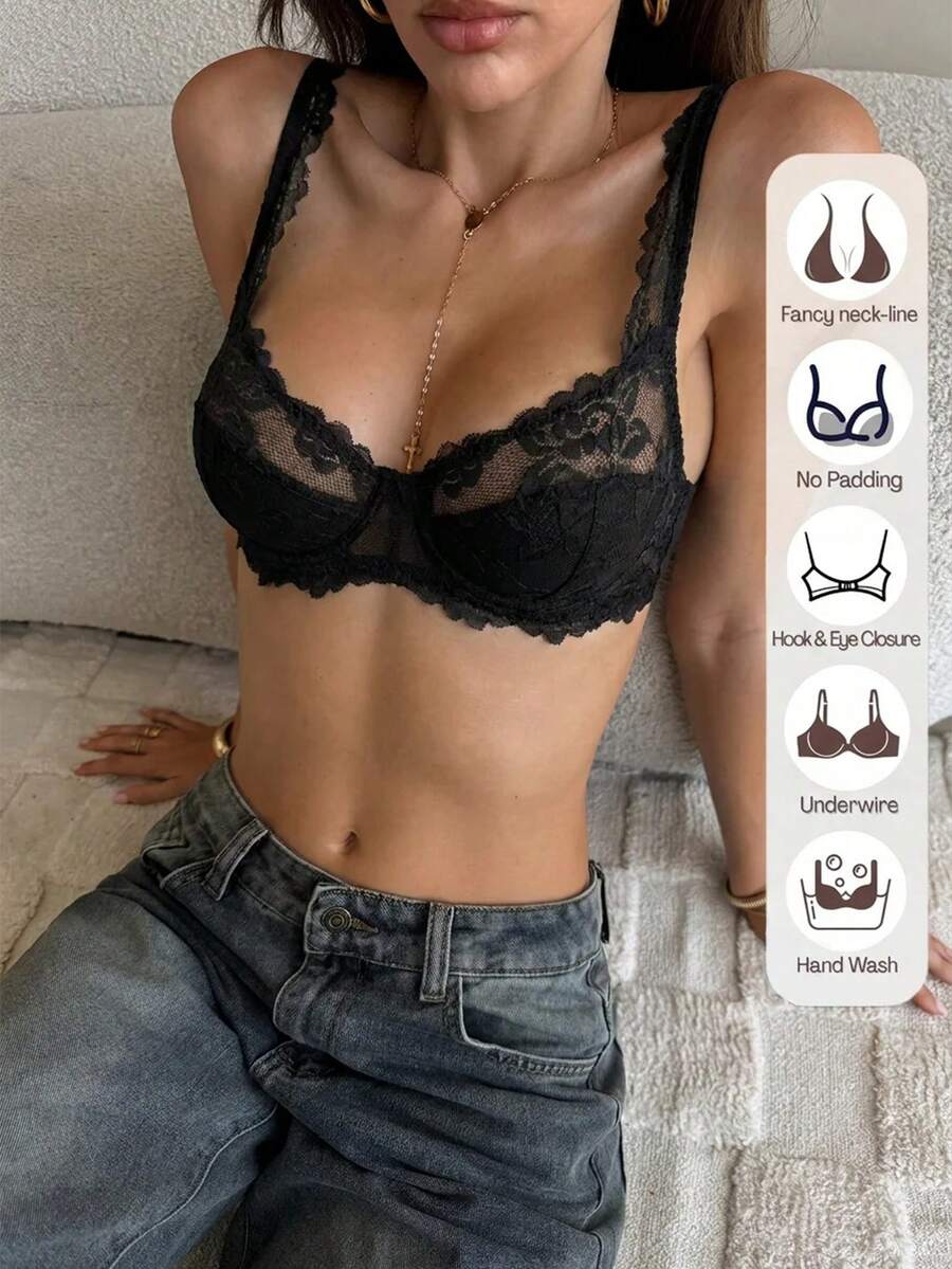 Aloruh Fashion Romantic French Gold Thread Floral Lace Push-Up Underwire Bra With Adjustable Shoulder Straps, 1pc - Black - View 1