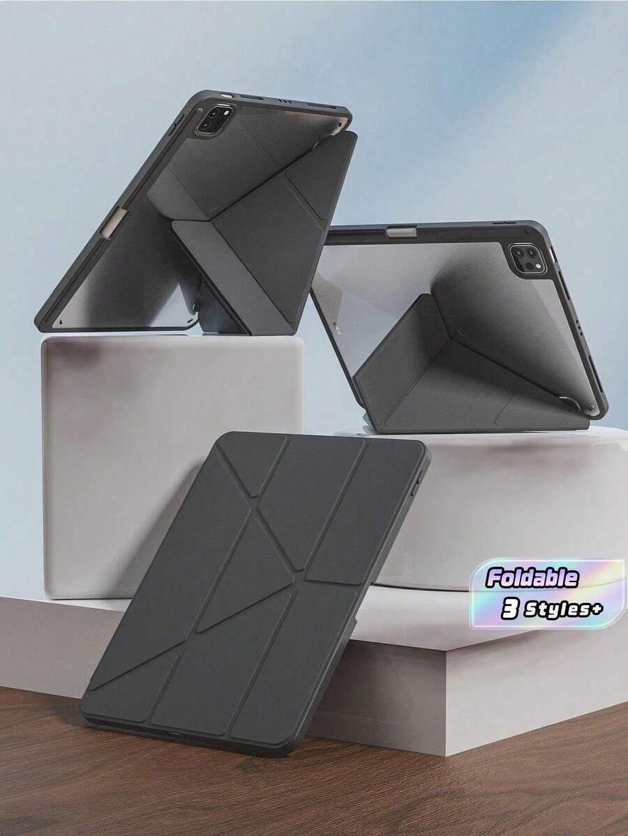 1 Buah Casing Akrilik Lipat Y Warna Solid untuk Air Generasi ke-5/ke-9/A16 dengan Slot Pena, Fitur Tidur dan Bangun Otomatis, Penyangga Multi-Sudut, Kulit PU Hitam
