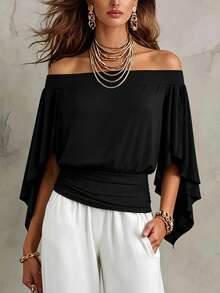 SHEIN LUNE French Style Flowy Cape Sleeve Off-Shoulder T-Shirt - Black - View 3