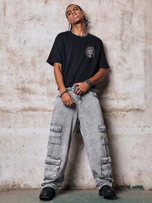 Skyrend Men's Distressed Cargo Jeans, Washed Solid Color Straight Leg Casual Pants With Pockets Fall/Autumn/Winter Grunge - Grey - View 7