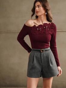 Anewsta Women's Autumn/Winter 3D Floral Embroidered Beaded Rhinestone Fitted Skin-Friendly Cold Shoulder Asymmetric One-Shoulder Knit T-Shirt Top - Red Violet - View 5