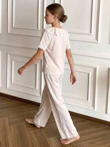 DAZY Tween Girls V-Neck Bow Decor Frill Trim Design Top And Straight Leg Pants 2 Pieces Set Loungewear - Apricot - View 6