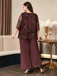Reflora Plus Size Fashionable Exquisite Sequin Ruffle Hem Top And Loose Long Pants 2 Pieces Set - Brown - View 3