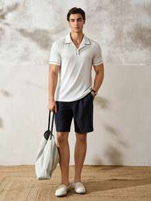 TONEVAULT Men's Casual Button Half Placket Ribbed Short Sleeve Contrast Color T-Shirt - White - View 4