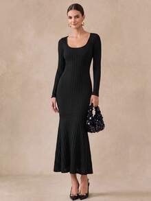 Almamuse Women's Long Bodycon Dress, Square Neck, Flare Sleeve, Black Knit Dress Fall Cloth For Women - Black - View 1