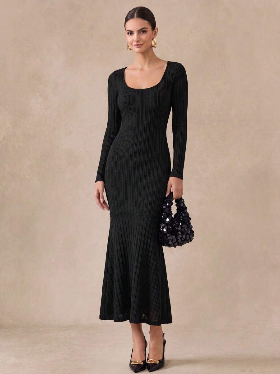 Almamuse Women's Long Bodycon Dress, Square Neck, Flare Sleeve, Black Knit Dress Fall Cloth For Women - Black - View 1