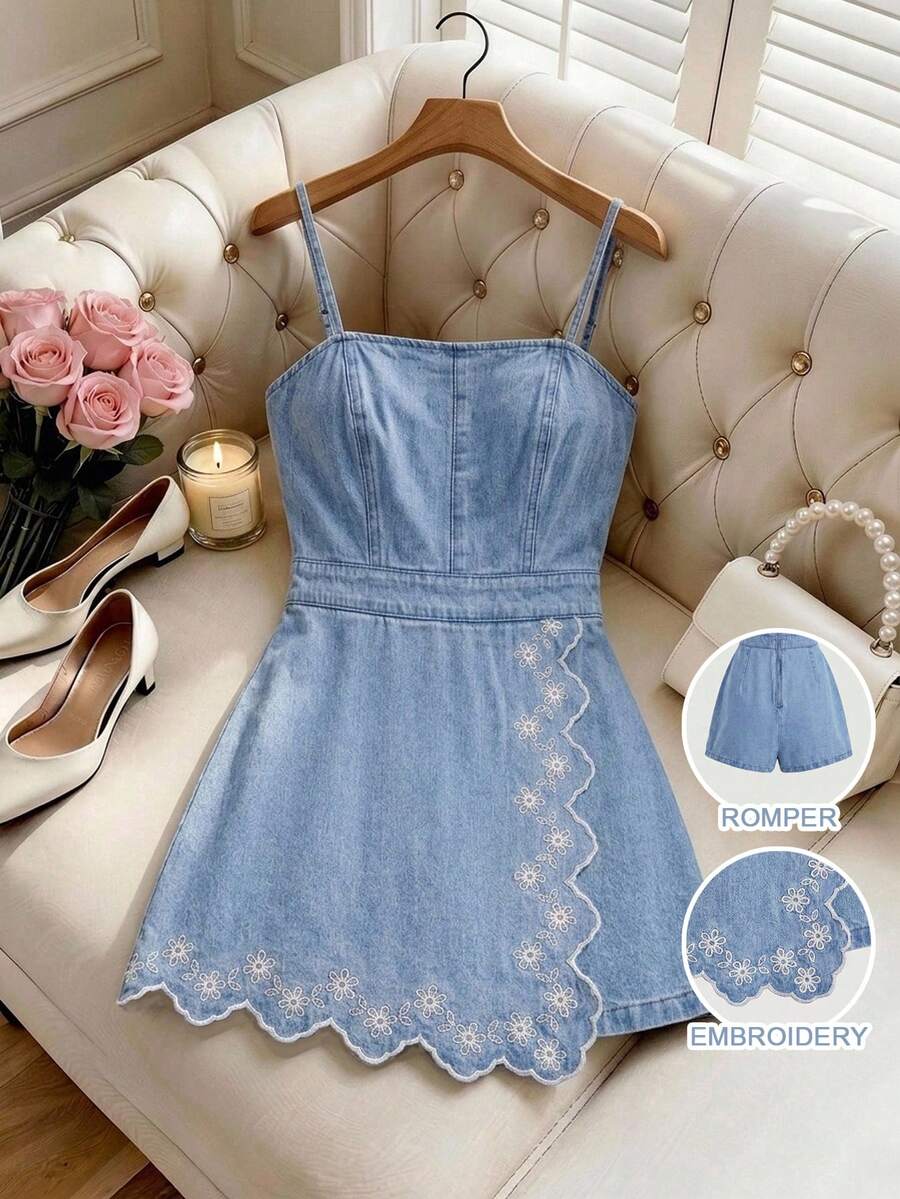 SHEIN MOD 女款花卉刺繡圖案休閒日常夏季牛仔細肩帶連身褲 - 黑色 - 查看 1
