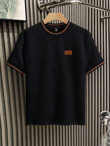 EGENSIO Men's Knitted Jacquard Solid Color Textured Collar & Cuffs Ribbed Chest Patch T-Shirt - Black - View 1