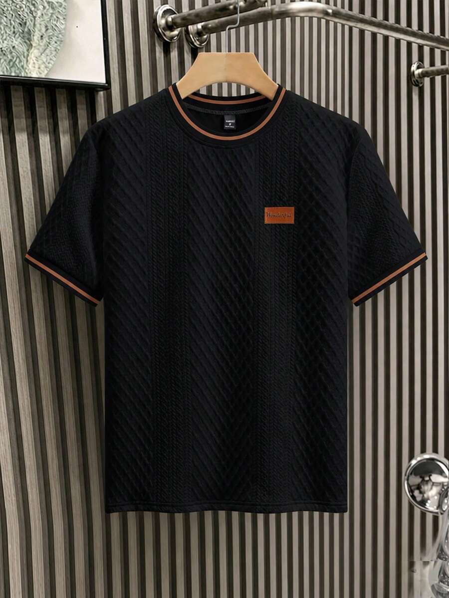 EGENSIO Men's Knitted Jacquard Solid Color Textured Collar & Cuffs Ribbed Chest Patch T-Shirt - Black - View 1