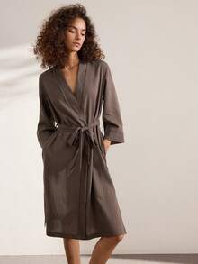 Ocili Comfortable Natural Linen Striped Women's Loungewear Robe - Black - View 5
