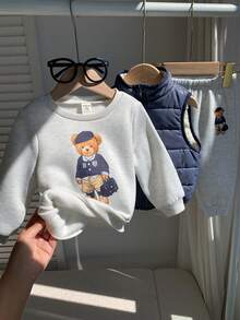 SHEIN Baby Boy Letter Pattern Knit Soft Crew Neck Long Sleeve Pullover Sweatshirt, Elastic Waist Long Autumn Pants, Sleeveless Vest 3-Piece Set - Multicolor - View 5