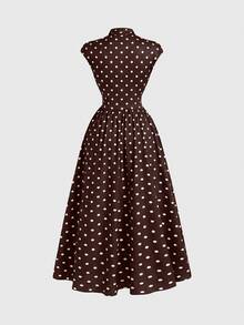 Skyraze Women's Brown And White Polka Dot High Neck Long Knit Dress Dinner Party Summer Vintage Elegant - Brown - View 4