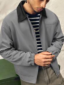 Norleigh 男士休閒百搭領口拉鍊前開長袖夾克，適合日常穿著，男士時尚灰色工作夾克 - 深灰色 - 查看 7